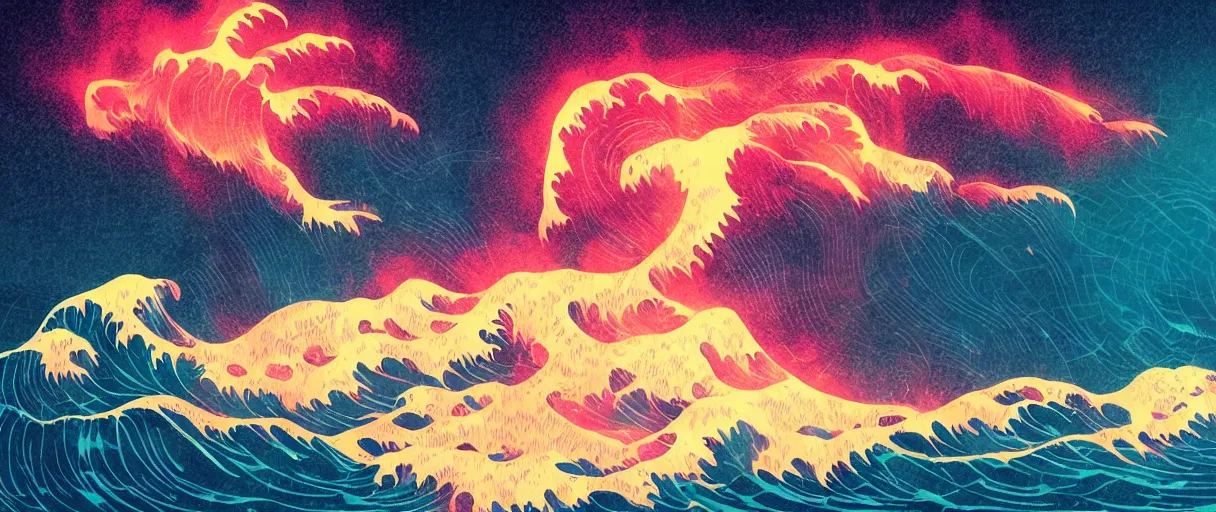 Prompt: great wave, water, river, sea, cyberpunk, neon, dramatic lighting style of Laurie Greasley and Satoshi Kon + symmetric lights and smoke, psychedelic effects, glowing particles, neon rain, comic