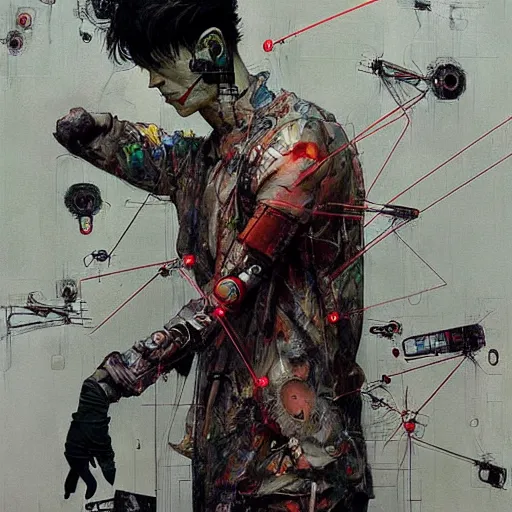 Image similar to male cyberpunk hacker dream thief, wires cybernetic implants, in the style of adrian ghenie, esao andrews, jenny saville,, surrealism, dark art by james jean, takato yamamoto