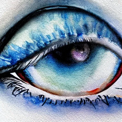 Prompt: close - up of an eye, blue iris, watercolor art, drew struzan illustration art, key art, portrait