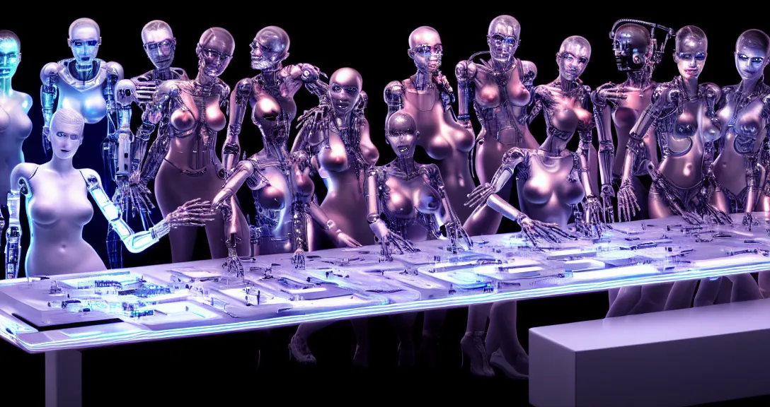 Image similar to beauty, 13 diverse cyborgs on one_side of a reflective !cybernetic table, posing_as_last_supper, inticrate detailed glowing implants, highly detailed, dramatic lighting, electrical details, high details, beautiful lighting