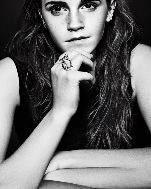 Prompt: A photo of tough looking emma watson. she has wedding rings on his fingers. 50 mm. perfect ring. award winning photography