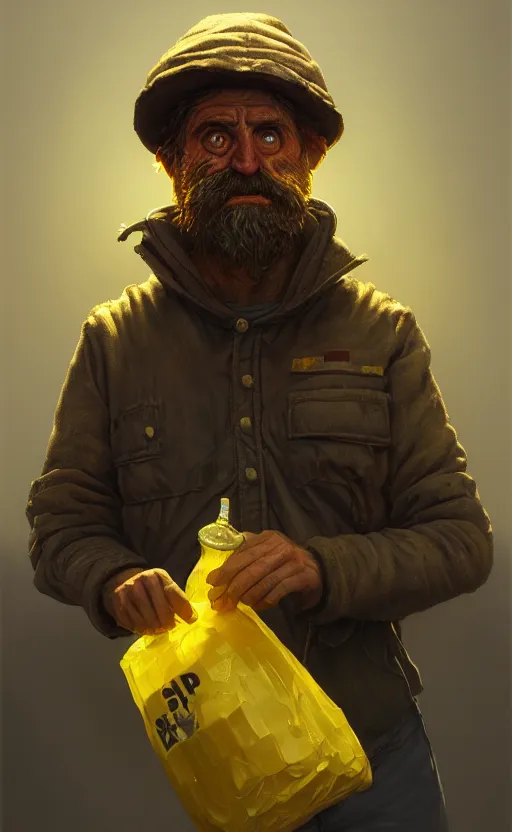 Image similar to hobocop with yellow plastic bag full of bottles from the disco elysium, concept art by aleksander rostov, oil painting, artstation trending, symmetry, awesome exposition, very detailed, highly accurate, intricate, professional lighting diffracted lightrays, 8 k, sense of awe, gamers magazine cover