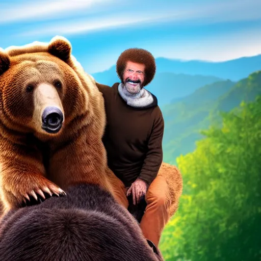 Prompt: bob ross riding on the back of a brown bear, a colorized photo by giuseppe bernardino bison, shutterstock contest winner, digital art, national geographic photo, stockphoto, majestic