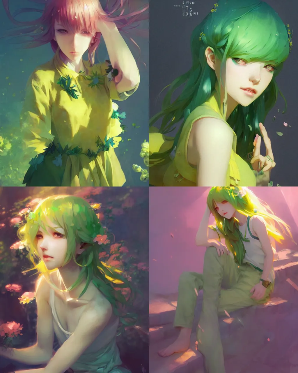 Image similar to girl with green hair and yellow clothing, flower decoration on the background, a beautiful half body illustration, top lighting, perfect shadow, soft painting, art by hidari and krenz cushart and wenjun lin