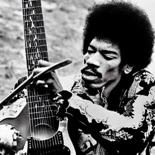 Image similar to jimi hendrix playing a guitar made of a big snake, color photo, cinematic