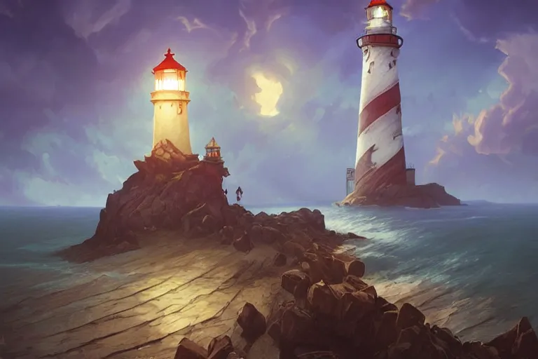 Prompt: a hyperrealistic render of a lighthouse in the victorian era, outdoor, art by Artgerm and Anato Finnstark and Greg Rutkowski and Alphonse Mucha, hearthstone art style, epic fantasty card game art, Beautiful dynamic dramatic moody lighting, shadows, cinematic, Octane, 8K