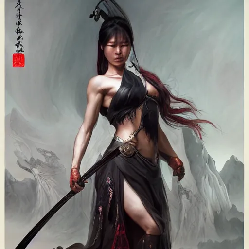 Image similar to painting of dark muscular oiled chinese woman, bloody, carrying a sword, symmetric, ultra realistic, concept art, intricate details, eerie, highly detailed, photorealistic, octane render, 8 k, unreal engine. art by artgerm and greg rutkowski and alphonse mucha