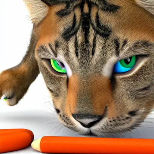 Image similar to big tabby cat with white paws biting a carrot 3d render