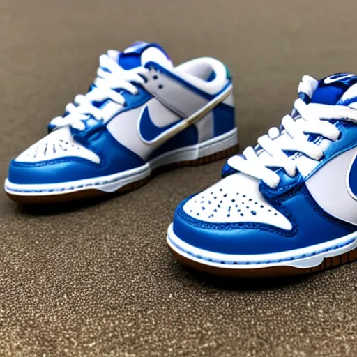 Image similar to a press photograph of nike dunk low baby blue and white, size 1 0, white background