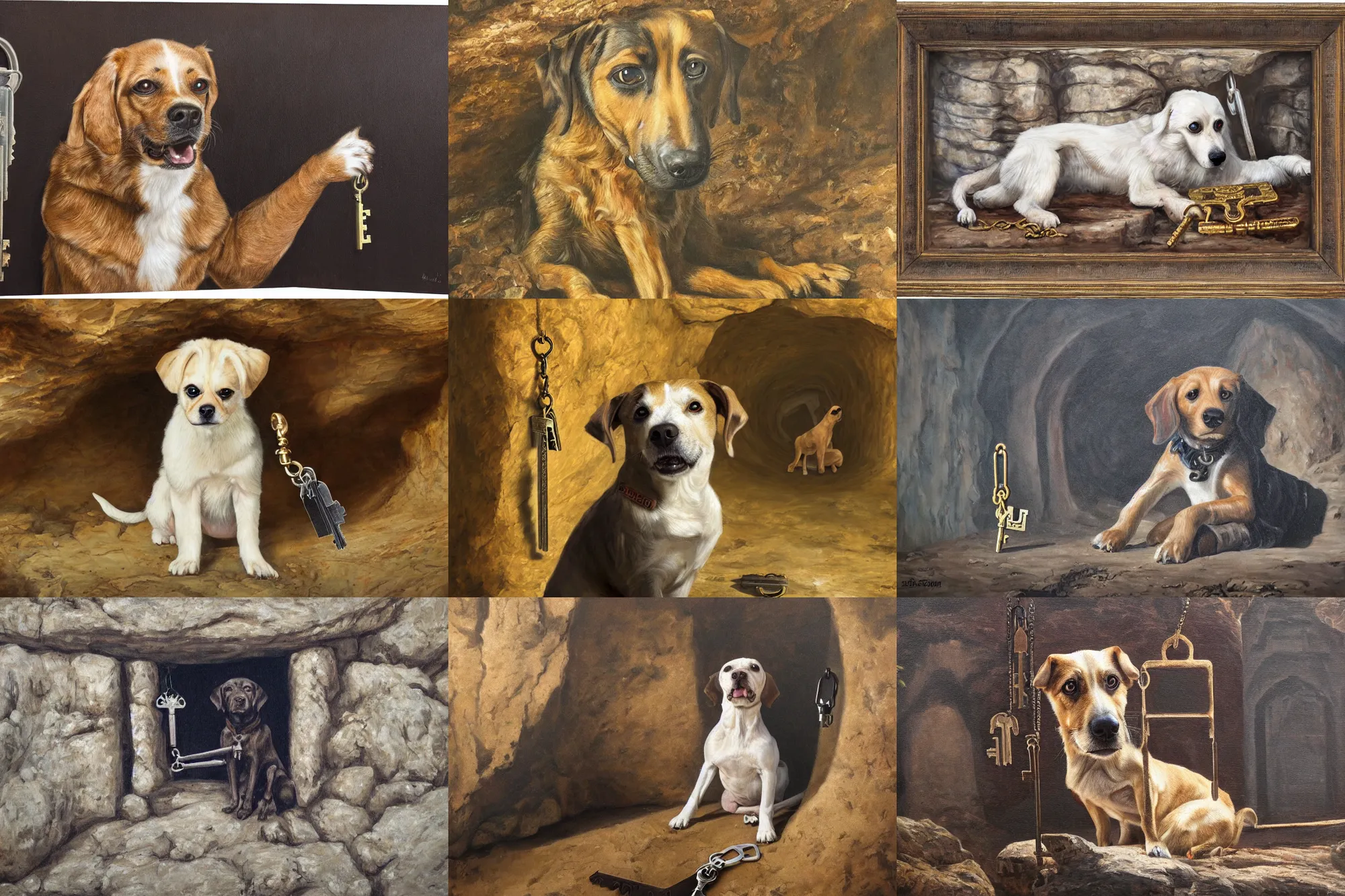 Prompt: ultra wide full length painting of a dog sitting holding a key, cave prison, highly detailed, high resolution, oil in canvas