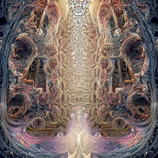 Image similar to a hyperrealistic 3 d painting of a delicate ivory sculpture of an ornate detailed cathedral populated by mandelbrot fractals by android jones, micro detail, unreal engine, volumetric lighting, dramatic lighting, psychedelic, octane renderer, catholicpunk, glowing, white color scheme, photorealistic, physically based rendering, angelic, colorful, carved soap, trending on cgsociety