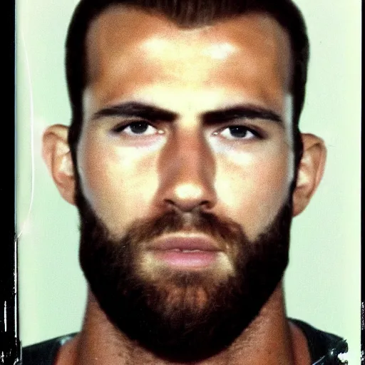 Prompt: Mugshot Portrait of Gigachad, taken in the 1970s, photo taken on a 1970s polaroid camera, grainy, real life, hyperrealistic, ultra realistic, realistic, highly detailed, epic, HD quality, 8k resolution, body and headshot, film still, front facing, front view, headshot and bodyshot, detailed face, very detailed face