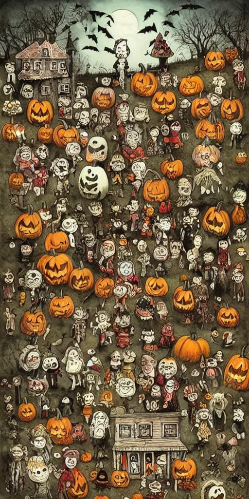 Image similar to a vintage halloween scene by alexander jansson and where's waldo