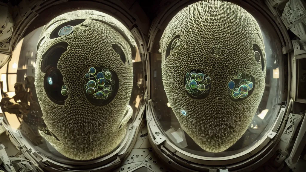 Image similar to a astronaut eva suit covered in diamond 3d fractal lace iridescent bubble 3d skin and covered with insectoid compound eye camera lenses floats through the living room, film still from the movie directed by Denis Villeneuve with art direction by Salvador Dalí, wide lens,