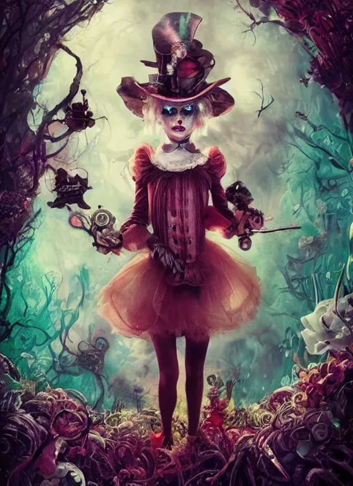 Image similar to alice in wonderland, angry, scary, cheeky, steampunk googles, highly detailed, cinematic, 8 k, by megan duncanson, benjamin lacombe, stanley artgermm, tom bagshaw, craig mullins, carne griffiths, ayami kojima, beksinski, giger, trending on deviantart, hyper detailed, horror, full of colour