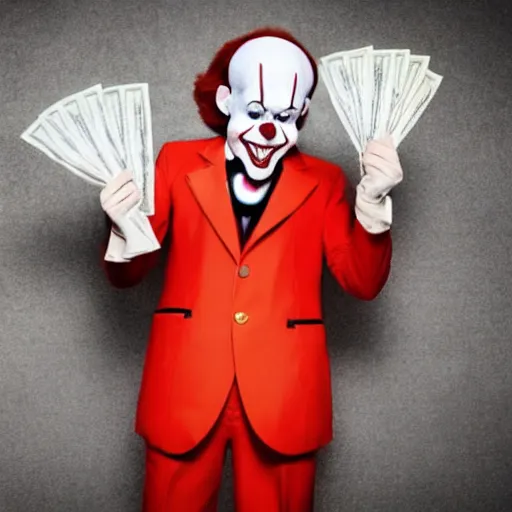 Image similar to Pennywise the clown wearing a suit and holding a stash of banknotes in his hands, full body shot