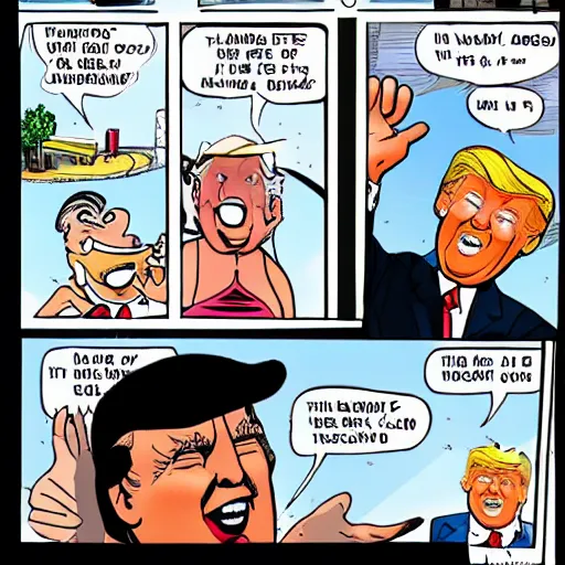 Image similar to tiny person is laughing and pointing at donald trump in a swimsuit. comic strip.