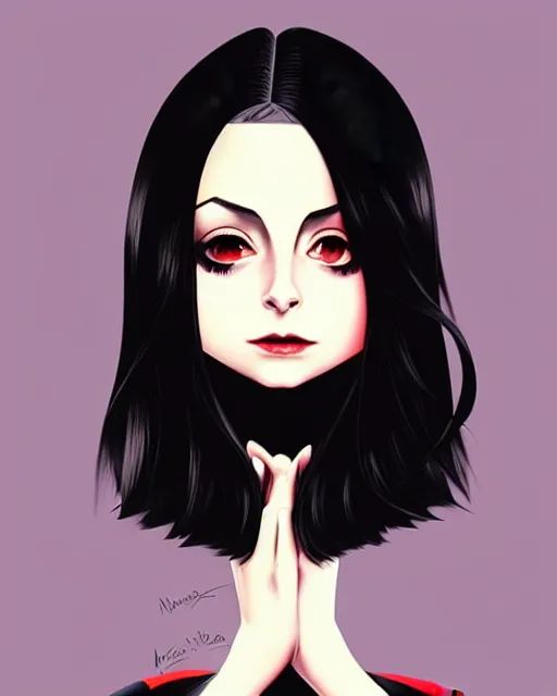 Image similar to style of ilya kuvshinov : : gorgeous willa holland : : evil witch, swirling black magic, black dress : : symmetrical face, symmetrical eyes : : full body pose : : gorgeous black hair : : magic lighting, low spacial lighting : :