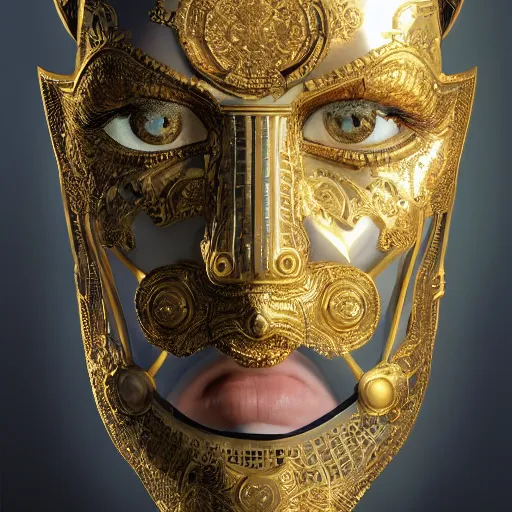 Image similar to Very very very very highly detailed epic central composition portrait of face with venetian mask, golden, intricate, dystopian, sci-fi, extremely detailed, digital painting, artstation, concept art, smooth, sharp focus, illustration, intimidating lighting, incredible art by Tokujin Yoshioka and Anton Pieck