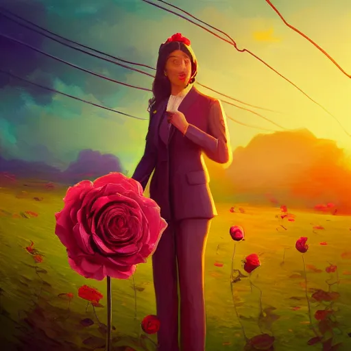 Prompt: closeup, huge rose flower head, frontal, girl in a suit, surreal photography, sunrise, dramatic light, impressionist painting, digital painting, artstation, simon stalenhag