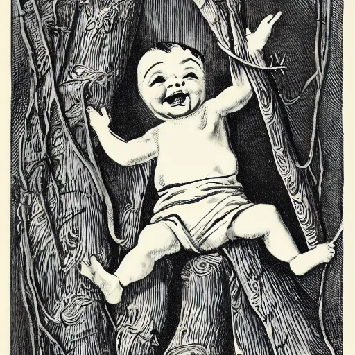 Prompt: baby crawling up a tree with a big grin on its face, in the style of vintage antique illustration and line drawing or engraving