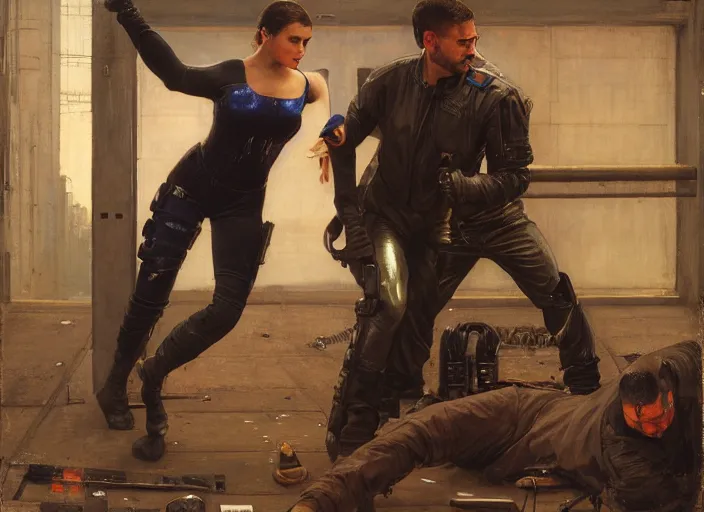 Prompt: sophia evades sgt Griggs. Cyberpunk mechanic wearing jumpsuit escaping police troopers (blade runner 2049). Gorgeous face. Iranian orientalist portrait by john william waterhouse and Edwin Longsden Long and Theodore Ralli and Nasreddine Dinet, oil on canvas. Cinematic, hyper realism, realistic proportions, dramatic lighting, high detail 4k