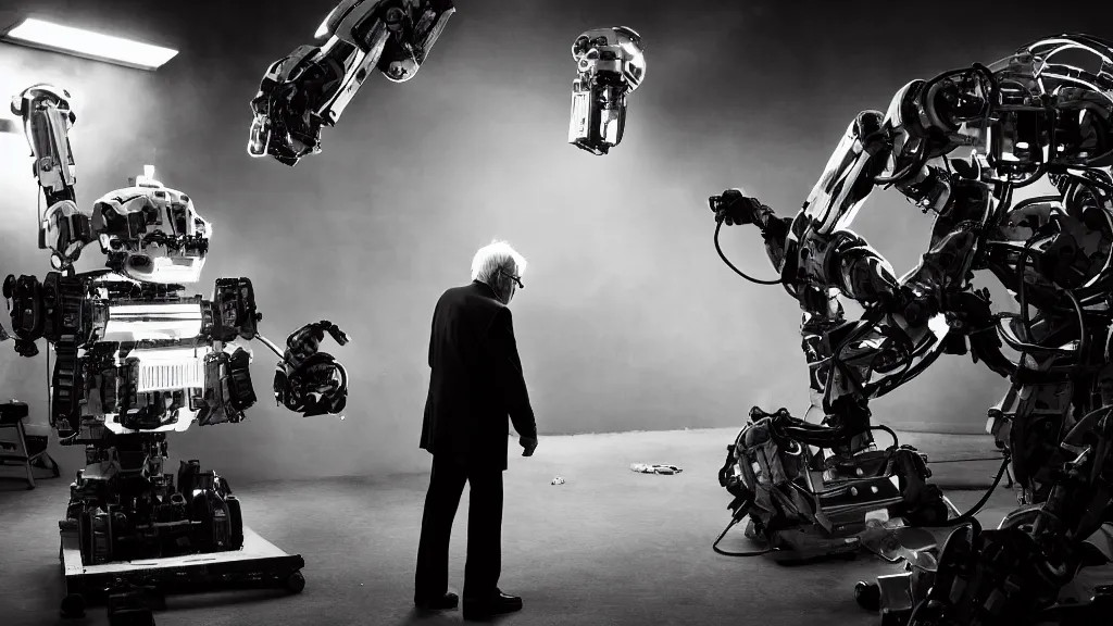 Image similar to bernie sanders putting the finishing touches on a complex magical clockwork doomsday robot, black and white photo, cinematic moody lighting, sharp focus