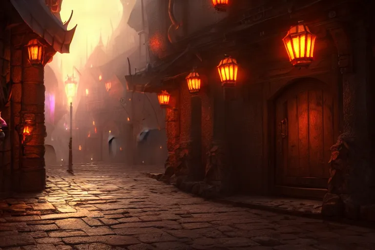 Prompt: the streets of baldur's gate, 3 d video game, dungeons and dragons, fantasy atmosphere, octane render, depth of field, unreal engine 5, concept art, full of color, glow, trending on artstation, ultra high detail, ultra realistic, cinematic, focused, 8 k