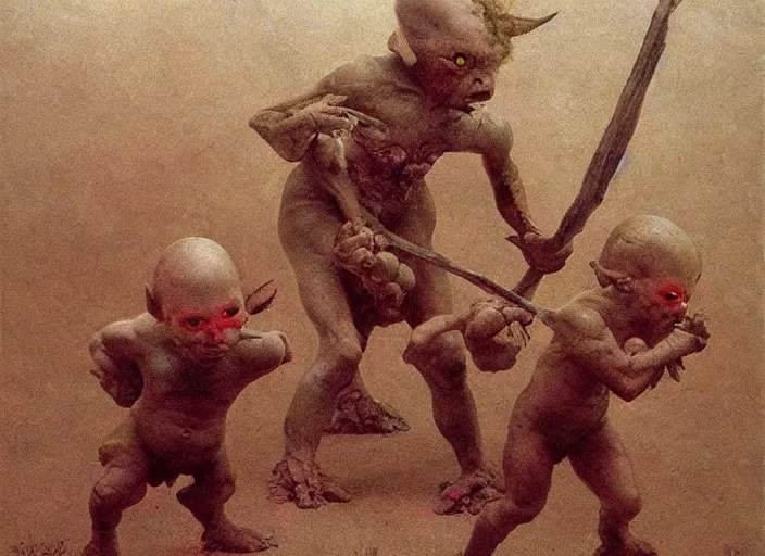 Prompt: bald barbarian girl fighting small cute goblins by Beksinski