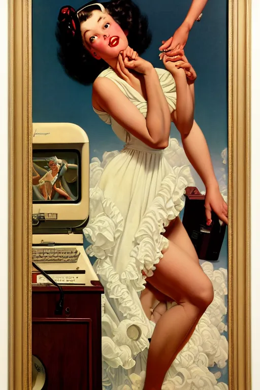 Image similar to laurence fishburn by gil elvgren and norman rockwell and rob gonsalves and hajime sorayama, hyperrealistic, high detail, ultra detailed, highly detailed face, ruffled fabric