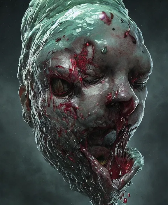 Prompt: portrait of a bloodied slime dripping geometric angular genderless insect alien monster, muscles, rippling, space warping and twisting, ultra realistic, concept art, intricate details, eerie, highly detailed, photorealistic, octane render, 8 k, unreal engine. art by artgerm and greg rutkowski and alphonse mucha