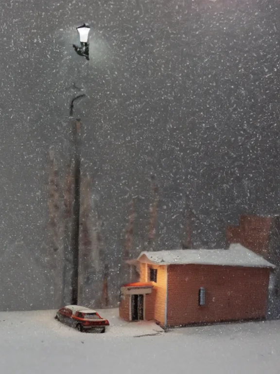 Image similar to small diorama a soviet residential building in soviet suburb, 9 0 s, lights are on in the windows, dark night, post - soviet yard, cozy and peaceful atmosphere, fog, cold winter, snowing, streetlamps with orange volumetric light, several birches nearby, two man fighting for bottle of vodka