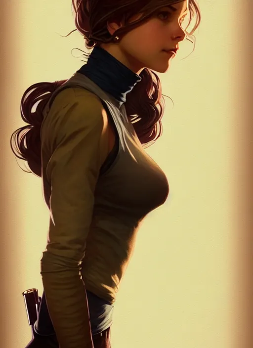 Image similar to portrait of a full body of beautiful young female detective, d & d, sleeveless turtleneck, fantasy, flat lighting, intricate, highly detailed, digital painting, artstation, concept art, smooth, sharp focus, illustration, art by simon bisley and greg rutkowski and alphonse mucha, natural tpose