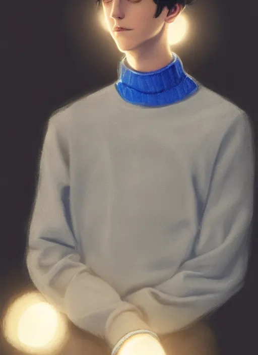 Image similar to portrait of teenage jughead jones wearing a light grey crown, crown, blue turtleneck, 1 9 5 0 s, closed eyes, photorealistic, black hair, glowing lighting, intricate, elegant, glowing lights, highly detailed, digital painting, artstation, concept art, smooth, sharp focus, illustration, art by wlop, mars ravelo and greg rutkowski