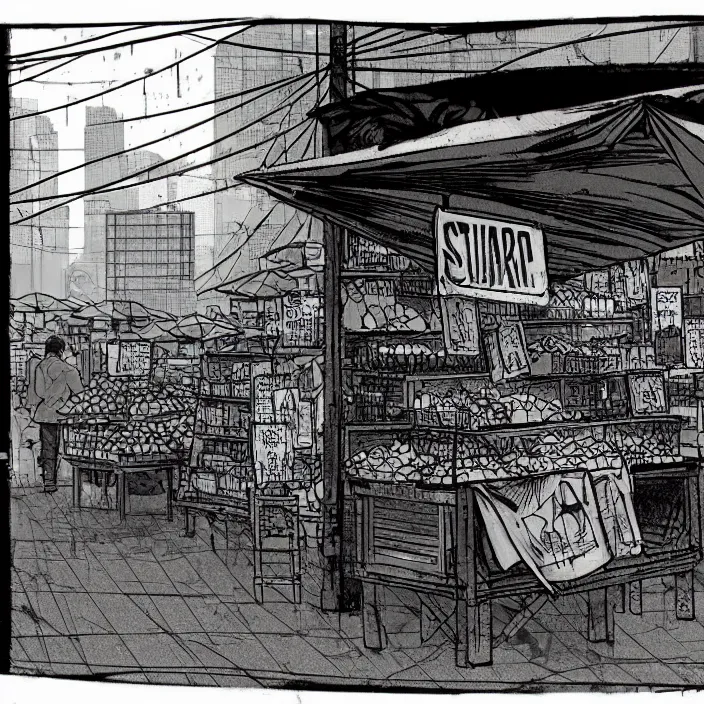 Image similar to close view of a tiny market stall. folded umbrellas for sale on the stall. set in a square. background of an old soviet monument. storyboard, scifi cyberpunk. by gabriel hardman, joe alves, chris bonura. cinematic atmosphere, detailed and intricate, perfect anatomy