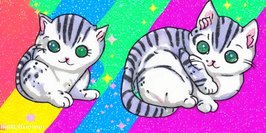 Prompt: a tiny cute kitten sleeping, puffy sticker, glitter sticker, kawaii by studio ghibli, by lisa frank 8 k pastel colours, isometric, smeared watercolours,