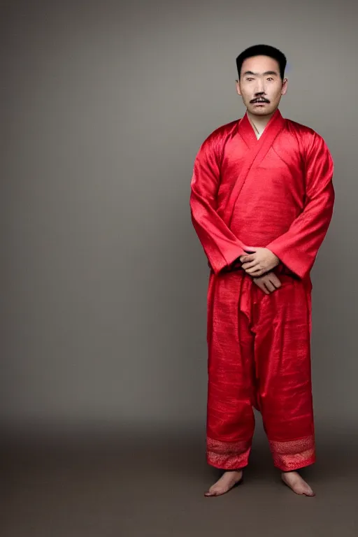 Prompt: A man is standing in front of a red curtain. He has his hands behind his back and his feet are spread apart. He is looking to the side. The man looks to be in his early twenties and has a mustache. The clothing he is wearing is traditional Han Dynasty clothing. The color of the clothing is red.
