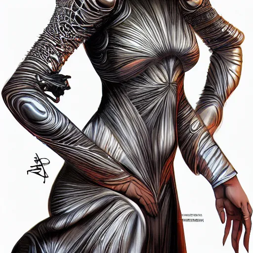 Image similar to a beautiful arabian woman wearing a futuristic dress by alexander mcqueen, artgerm, alex gray, android jones, fashion show, futuristic, organic dress, seamless pattern, concept art, fantasy