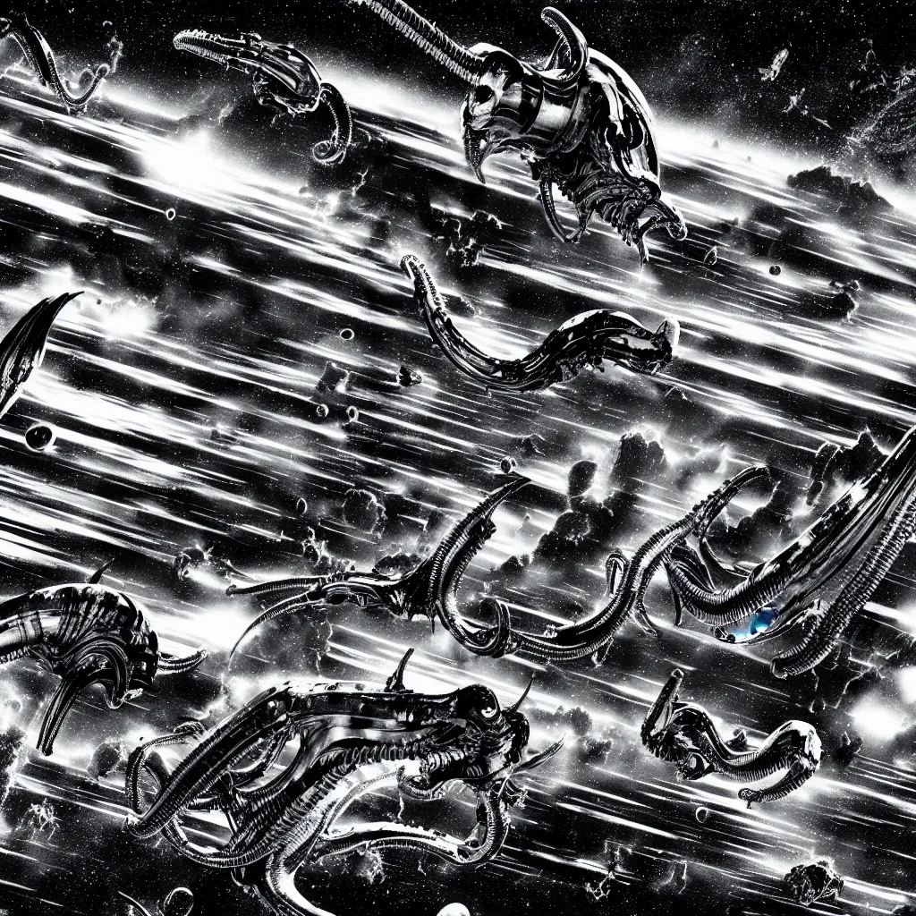 Prompt: a lot small slippery slime spaceships with xenomorph epic explode in space, giger style, landscape, background sharp earth, black and white, sketch, futurism, 8 k