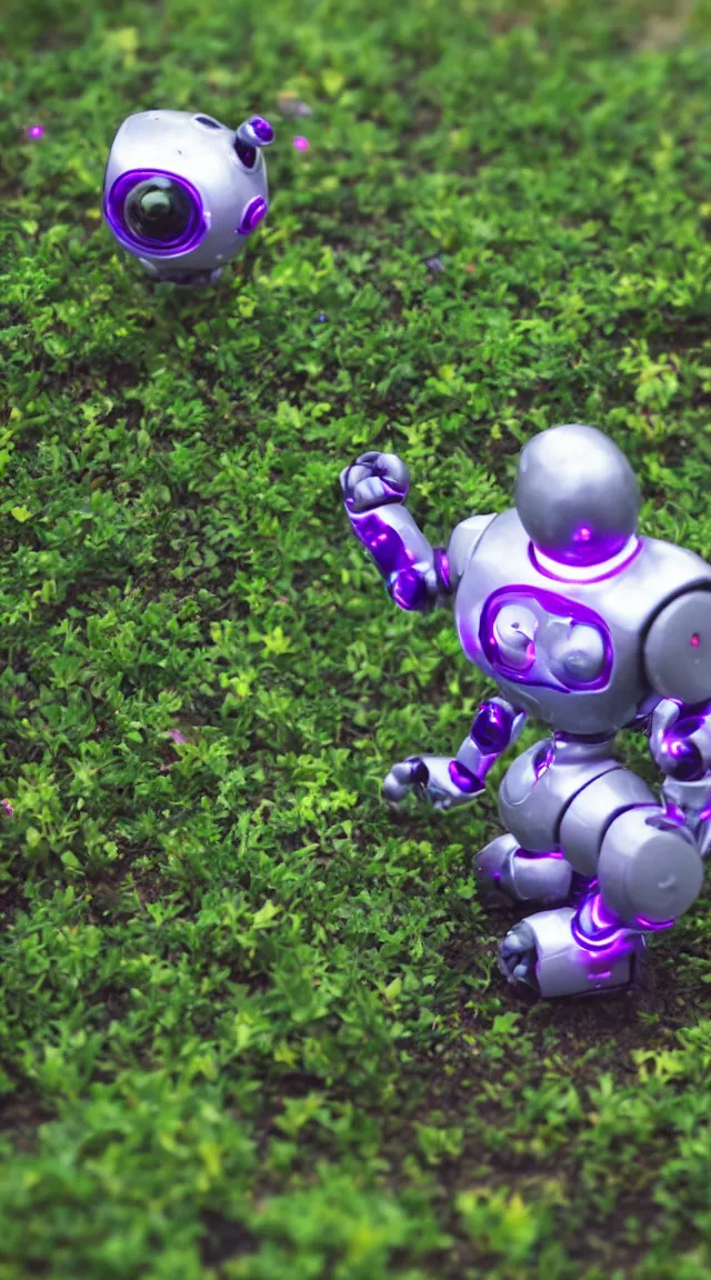 Image similar to small toy robot in a garden, hyper detailed, sharp focus, bokeh, unreal engine, ray tracing, cute, fantasy, sci fi, purple lights, tiny, small