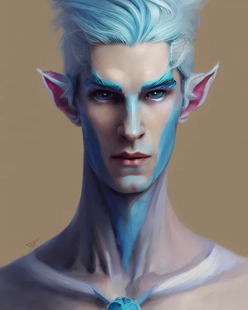 Prompt: character portrait of a slender young half elven man with white hair, piercing turquoise blue eyes, and pale blue skin, by greg rutkowski, mark brookes, jim burns, tom bagshaw, trending on artstation