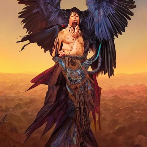 Image similar to jim carrey controlling evil ravens, demonic, evil, satanic, intricate, highly detailed, digital painting, artstation, concept art, smooth, sharp focus, illustration, unreal engine 5, 8 k, art by artgerm and greg rutkowski and alphonse mucha