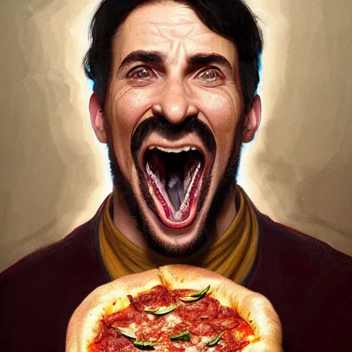 Prompt: portrait of weird tony opening his mouth to eat pizza, highly detailed, digital painting, artstation, concept art, sharp focus, illustration, art by artgerm and greg rutkowski and alphonse mucha