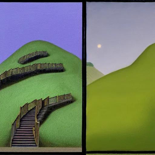 Prompt: a painting of a staircase leading to a tree, a surrealist painting by kaii higashiyama and david inshaw, deviantart, synthetism, matte drawing, detailed painting, oil on canvas