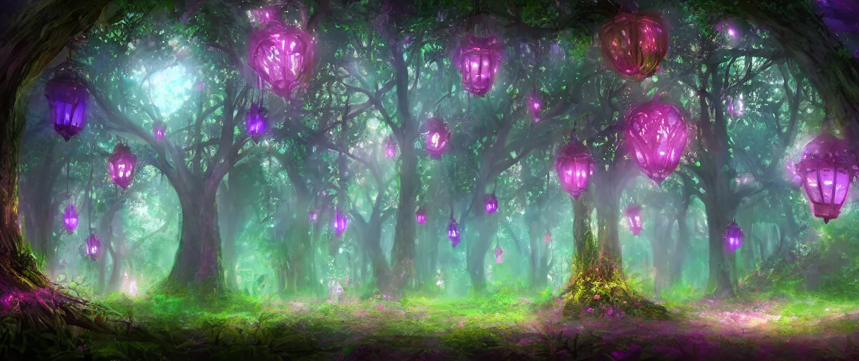 Prompt: a digital painting of a magical fantasy forest, large magical trees, magical flowers, hanging lanterns, godrays, mystical, evening, concept art, trending on artstation, matte painting, high detail, high quality, pink/purple/green colour scheme