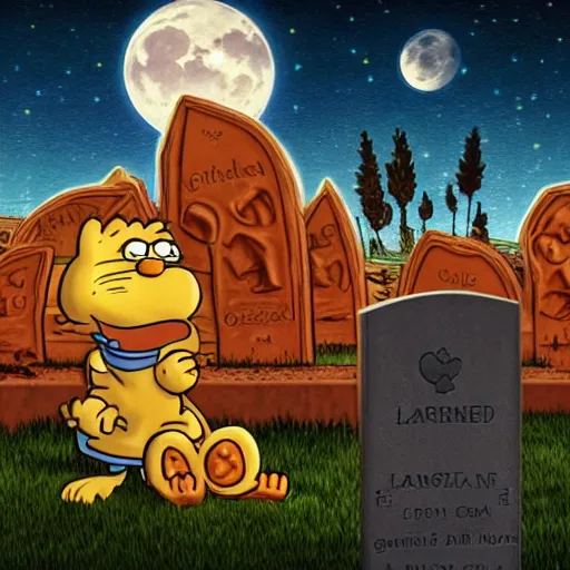 Image similar to Garfield eating lasagna in a cemetery, gravestone says Jon Arbuckle, full moon in background, starry sky with clouds, horror, spooky, photorealistic, 8k resolution,