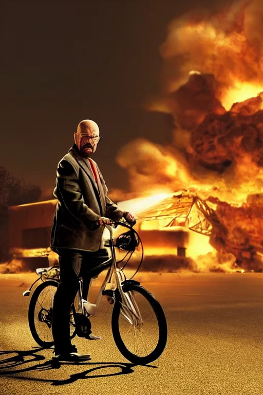 Image similar to photo of walter white riding a bike with an exploding building behind him, color, cinematic lighting