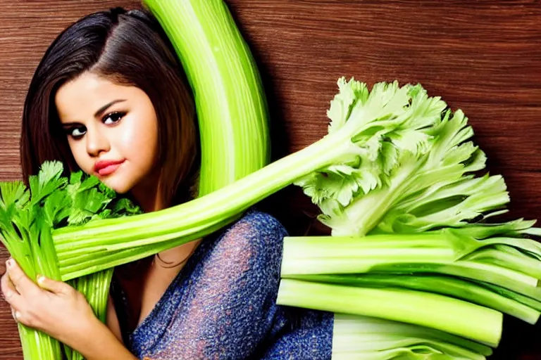 Image similar to selena gomez made out of celery, a human face with celery for hair, celery in the shape of a human face, a bunch of celery sitting on a cutting board, professional food photography