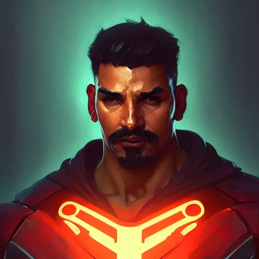 Image similar to Gabriel Reyes Reaper by Stanley Artgerm Lau, greg rutkowski, thomas kindkade, alphonse mucha, loish, Norman Rockwell, Overwatch, upper body, muscular, Latino man, buzzcut, concept art, game art, digital painting, digital art, portrait