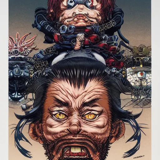 Image similar to portrait of crazy grumpy captain, symmetrical, by yoichi hatakenaka, masamune shirow, josan gonzales and dan mumford, ayami kojima, takato yamamoto, barclay shaw, karol bak, yukito kishiro